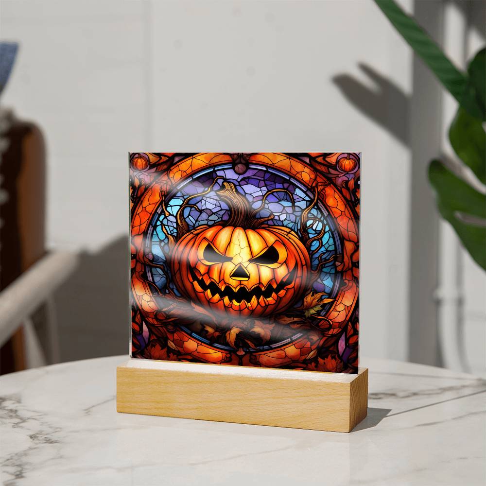 Halloween Pumpkin Stained-Glass Acrylic Square Plaque with LED Wooden Base