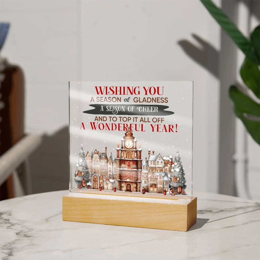 Wishing You a Season of Gladness Holiday Acrylic Plaque with Lighted LED Wooden Base