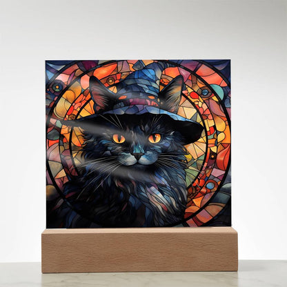 Halloween Decor - Spooky Black Cat Acrylic Square Plaque with LED Wooden Base