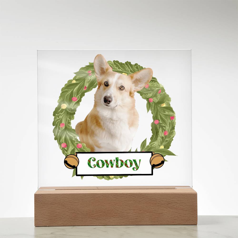 Pet Personalized Holiday Wreath Photo Upload Keepsake Acrylic Plaque with Lighted LED Wooden Base