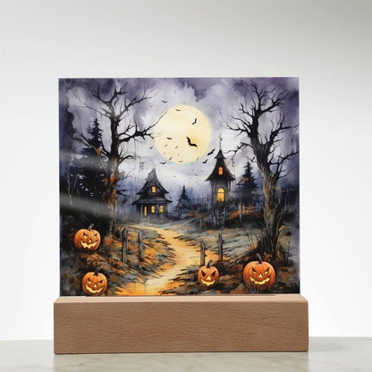 Halloween Haunt: Detailed Mansion Acrylic Plaque with LED Lighted Wooden Base