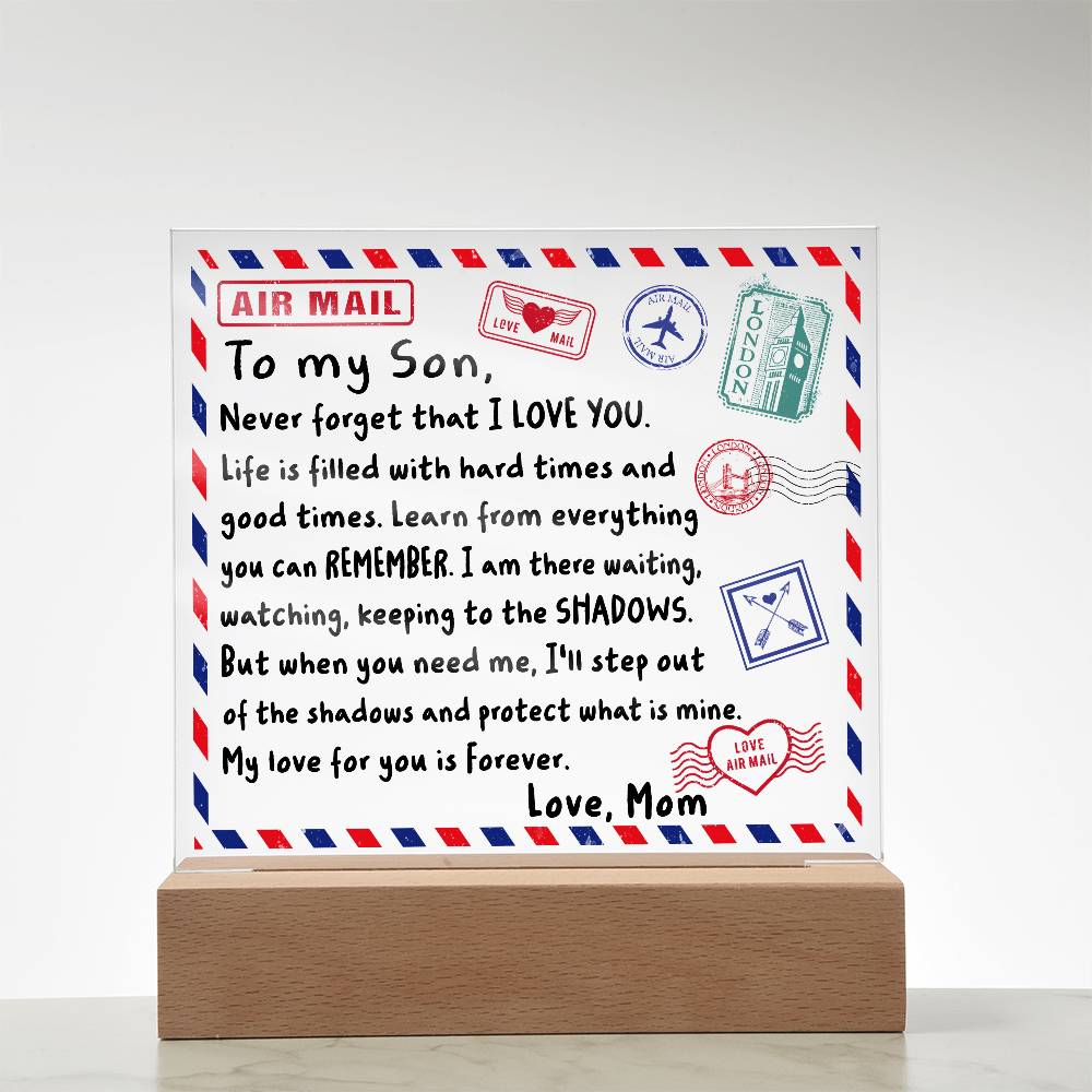 Letter To My Son, Love, Mom Acrylic Square Plaque with LED Wooden Base