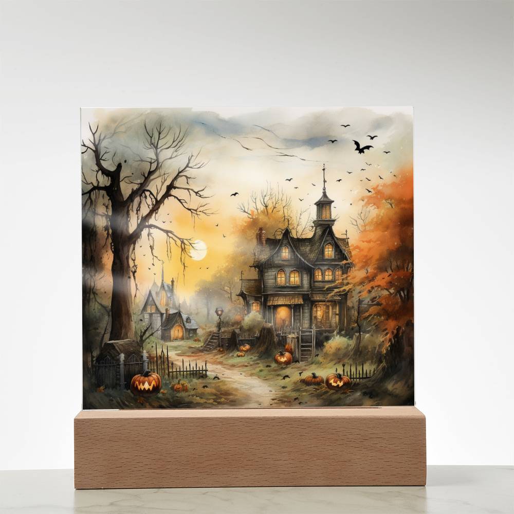 Spectral Spire: Spooky Halloween Mansion Acrylic Square Plaque with LED Lighted Wooden Base