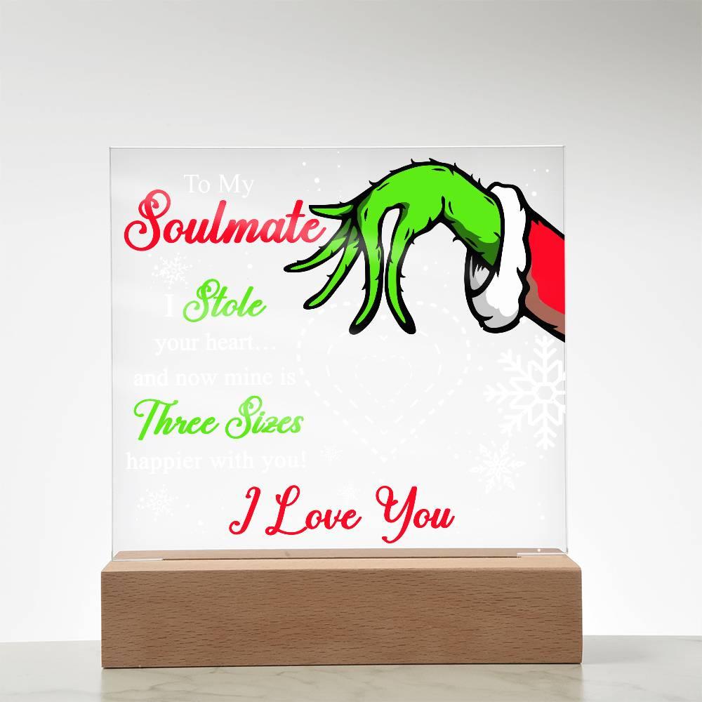 Soulmate Gift - Stole My Heart - Christmas Acrylic Plaque with Lighted LED wooden Base