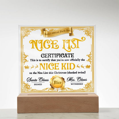 Christmas Decor - Nice Kid List Certificate Acrylic Square Plaque with LED Wooden Base