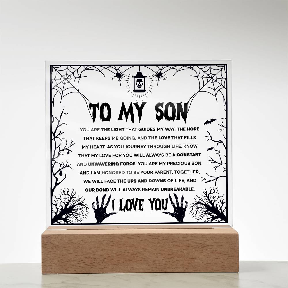 Son - Unwavering Force - Halloween Acrylic Square Plaque with LED Wooden Base