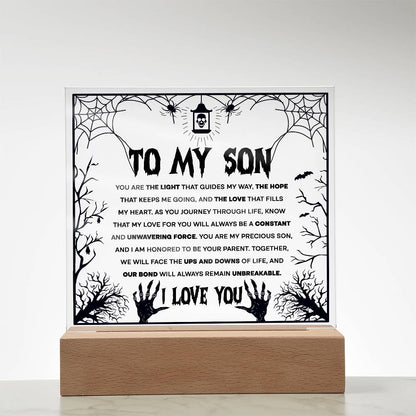 Son - Unwavering Force - Halloween Acrylic Square Plaque with LED Wooden Base