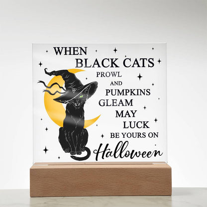 Halloween Decor - Black Cats and Pumpkins Gleam Acrylic Square Plaque with LED Wooden Base