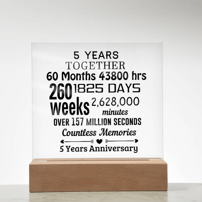 Anniversary Gift Five Years Together Acrylic Square Plaque with Lighted LED Wooden Base