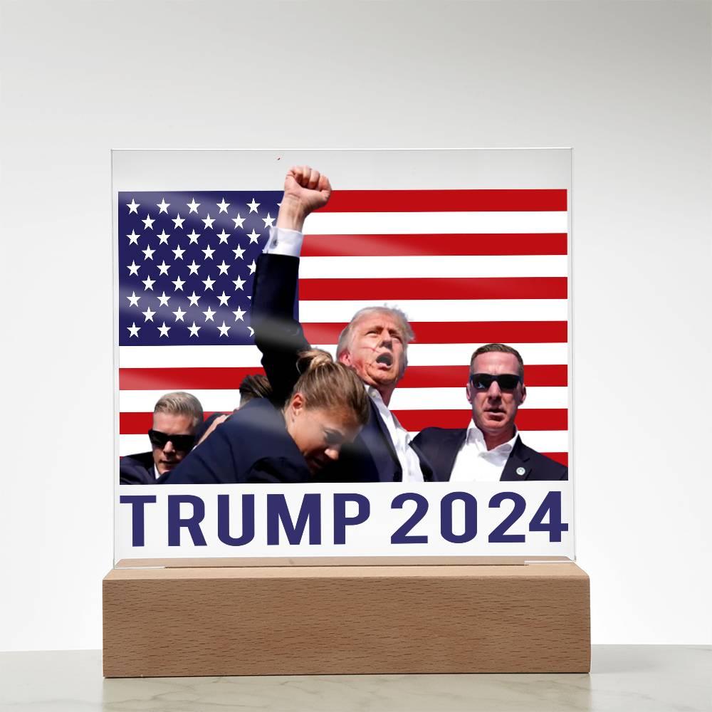 Trump 2024 Butler Rally Acrylic Plaque with LED Lighted Wooden Base