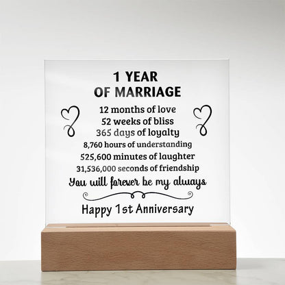 Anniversary Gift - One Year Of Marriage Acrylic Square Plaque with LED Wooden Base