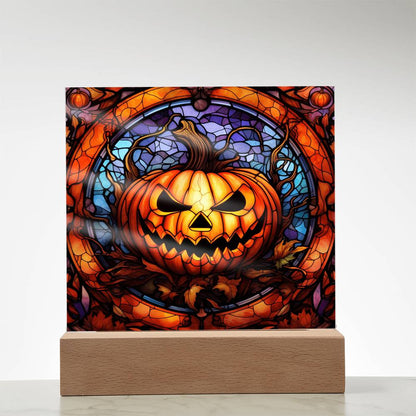 Halloween Pumpkin Stained-Glass Acrylic Square Plaque with LED Wooden Base