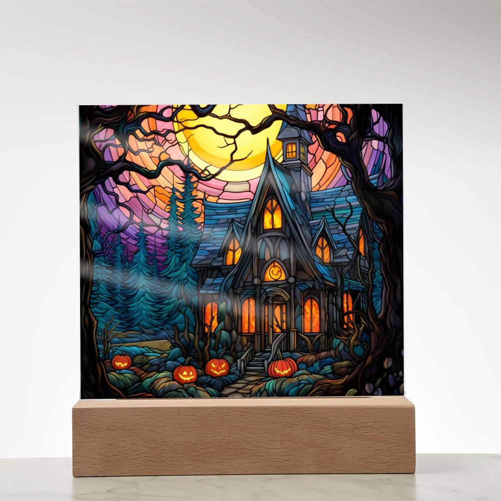 Spooky Halloween Mansion Acrylic Square Plaque with LED Lighted Wooden Base