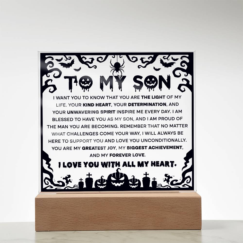 Son - Proudest Achievement - Halloween Acrylic Square Plaque with LED Wooden Base