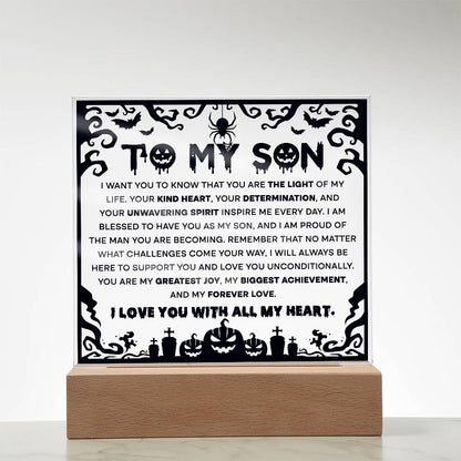 Son - Proudest Achievement - Halloween Acrylic Square Plaque with LED Wooden Base