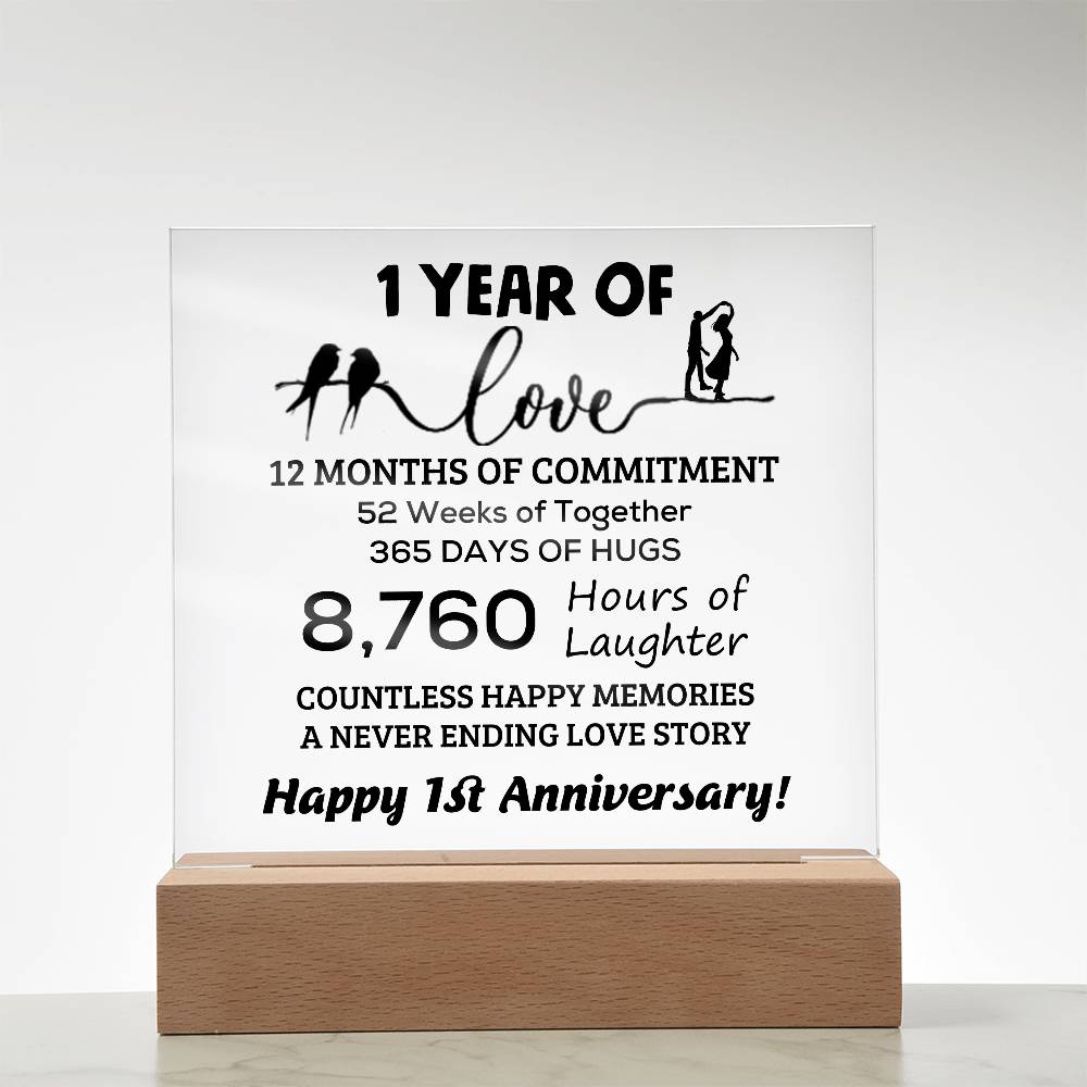 Anniversary Gift One Year of Love, Countless Happy Memories Acrylic Square Plaque with LED Wooden Base