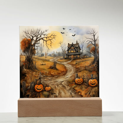 Haunted Elegance: Spooky Halloween Mansion Acrylic Square Plaque with LED Lighted Wooden Base