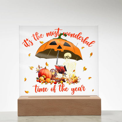 Halloween Decor - Most Wonderful Time of The Year Acrylic Square Plaque with LED Wooden Base