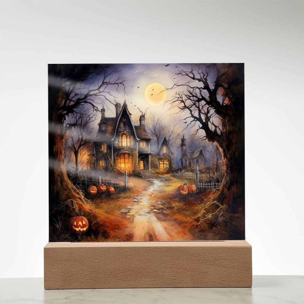 Ghostly Manor: Halloween Acrylic Square Plaque with LED Lighted Wooden Base