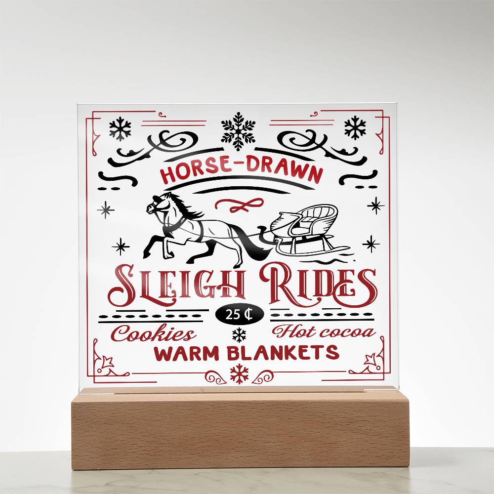 Christmas Horse Drawn Sleigh Rides Acrylic Square Plaque with LED Wooden Base