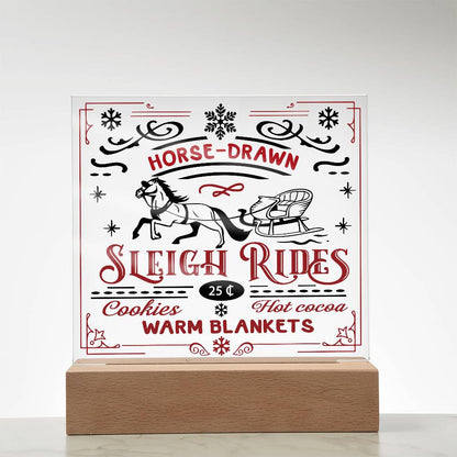 Christmas Horse Drawn Sleigh Rides Acrylic Square Plaque with LED Wooden Base