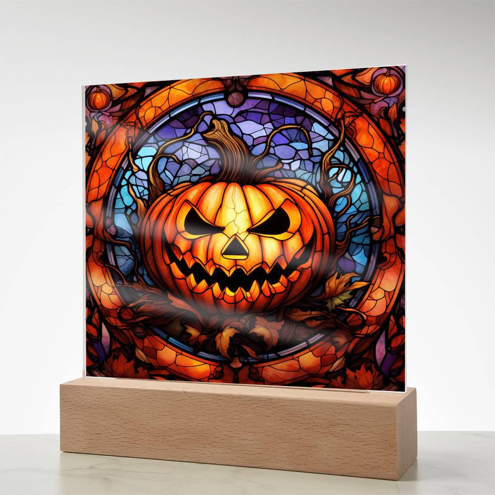 Halloween Pumpkin Stained-Glass Acrylic Square Plaque with LED Wooden Base