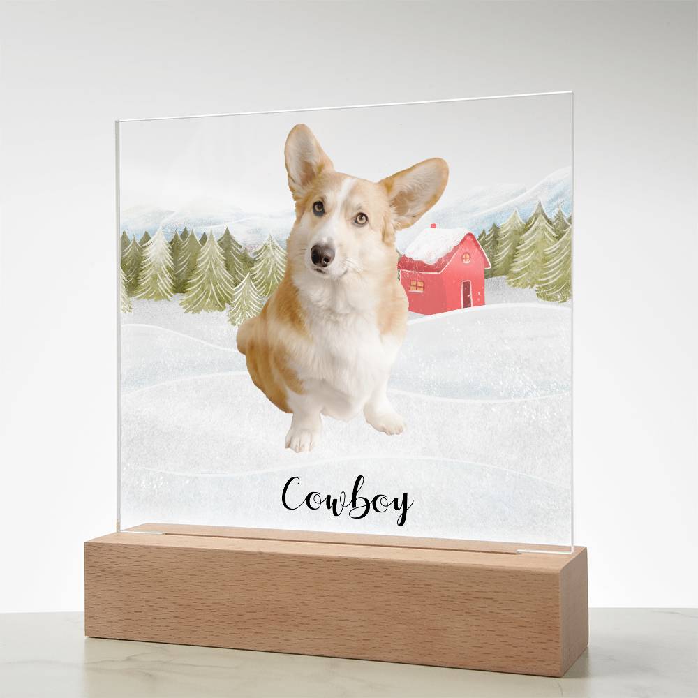 Pet Personalized Holiday Photo Upload Acrylic Plaque with Lighted LED Wooden Base