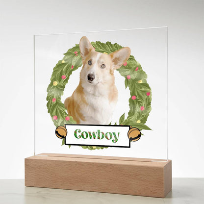 Pet Personalized Holiday Wreath Photo Upload Keepsake Acrylic Plaque with Lighted LED Wooden Base