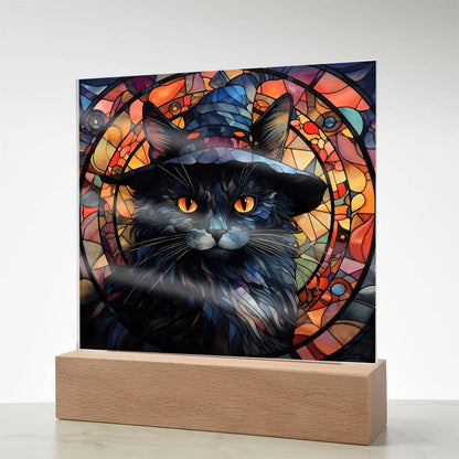 Halloween Decor - Spooky Black Cat Acrylic Square Plaque with LED Wooden Base