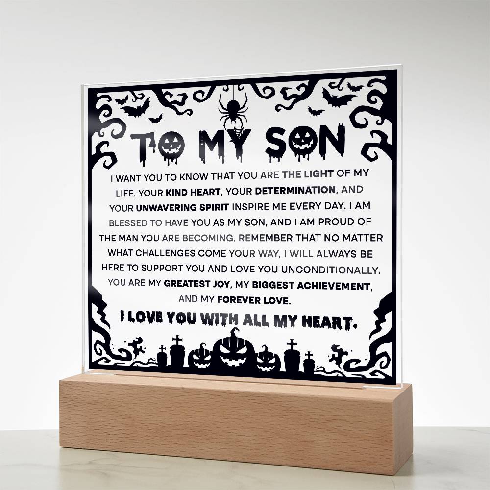 Son - Proudest Achievement - Halloween Acrylic Square Plaque with LED Wooden Base