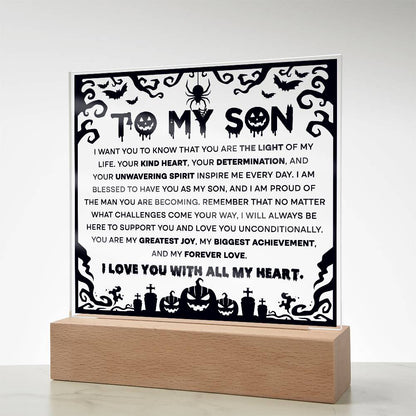 Son - Proudest Achievement - Halloween Acrylic Square Plaque with LED Wooden Base