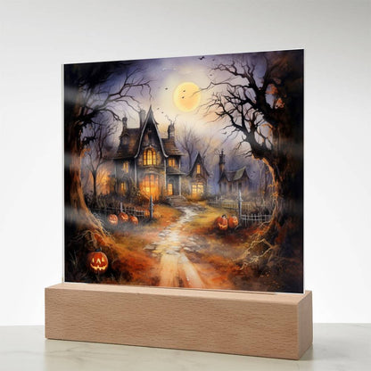 Ghostly Manor: Halloween Acrylic Square Plaque with LED Lighted Wooden Base