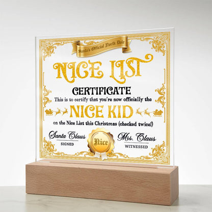 Christmas Decor - Nice Kid List Certificate Acrylic Square Plaque with LED Wooden Base