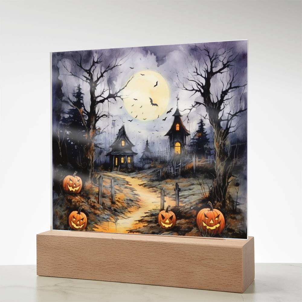 Halloween Haunt: Detailed Mansion Acrylic Plaque with LED Lighted Wooden Base