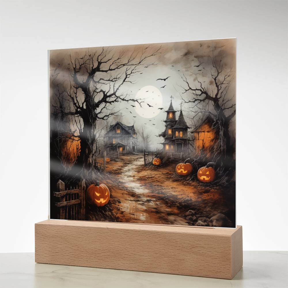 Shadowy Stronghold: Unique Mansion Halloween Acrylic Lighted Plaque