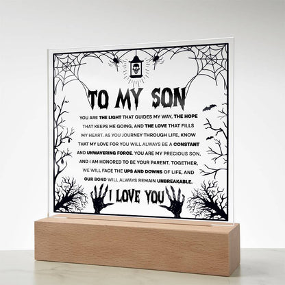 Son - Unwavering Force - Halloween Acrylic Square Plaque with LED Wooden Base