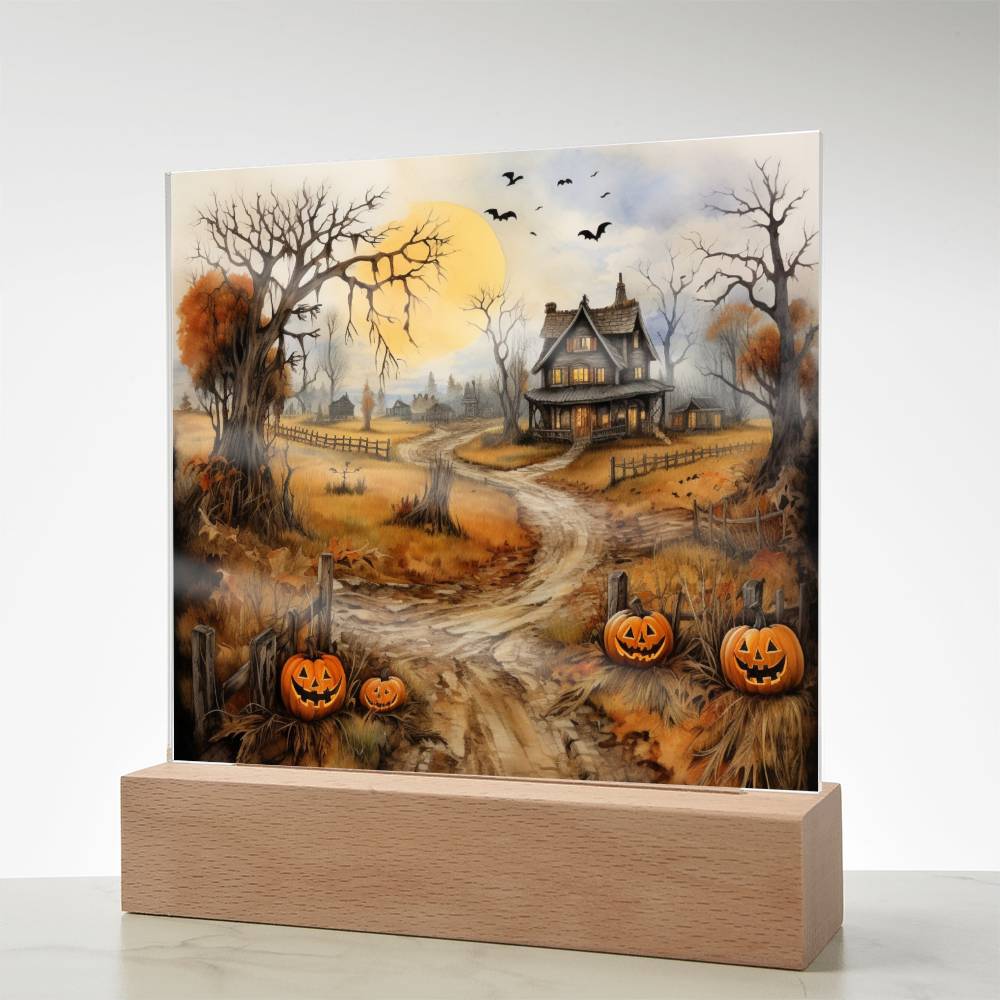 Haunted Elegance: Spooky Halloween Mansion Acrylic Square Plaque with LED Lighted Wooden Base