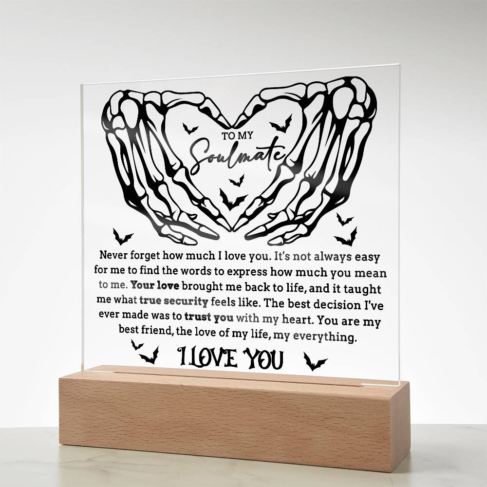 Soulmate - True Security - Halloween Acrylic Square Plaque with LED Lighted Wooden Base