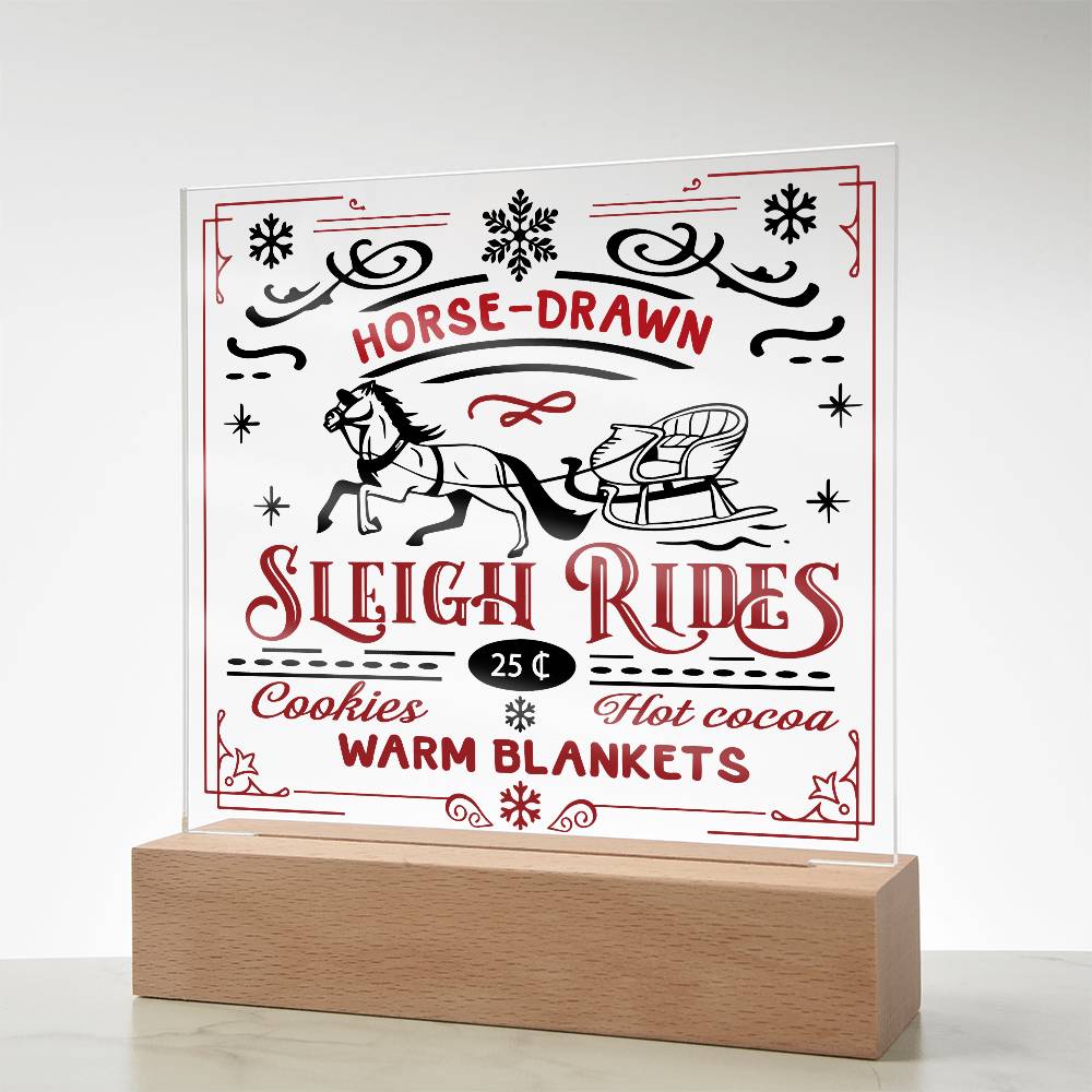 Christmas Horse Drawn Sleigh Rides Acrylic Square Plaque with LED Wooden Base