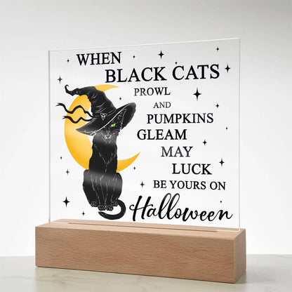 Halloween Decor - Black Cats and Pumpkins Gleam Acrylic Square Plaque with LED Wooden Base