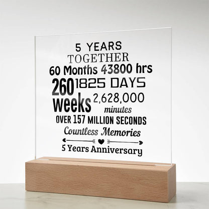 Anniversary Gift Five Years Together Acrylic Square Plaque with Lighted LED Wooden Base