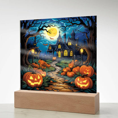 Halloween Decor Haunted Mansion Acrylic Square Plaque with LED Wooden Base