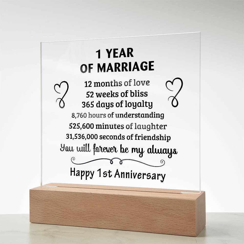 Anniversary Gift - One Year Of Marriage Acrylic Square Plaque with LED Wooden Base