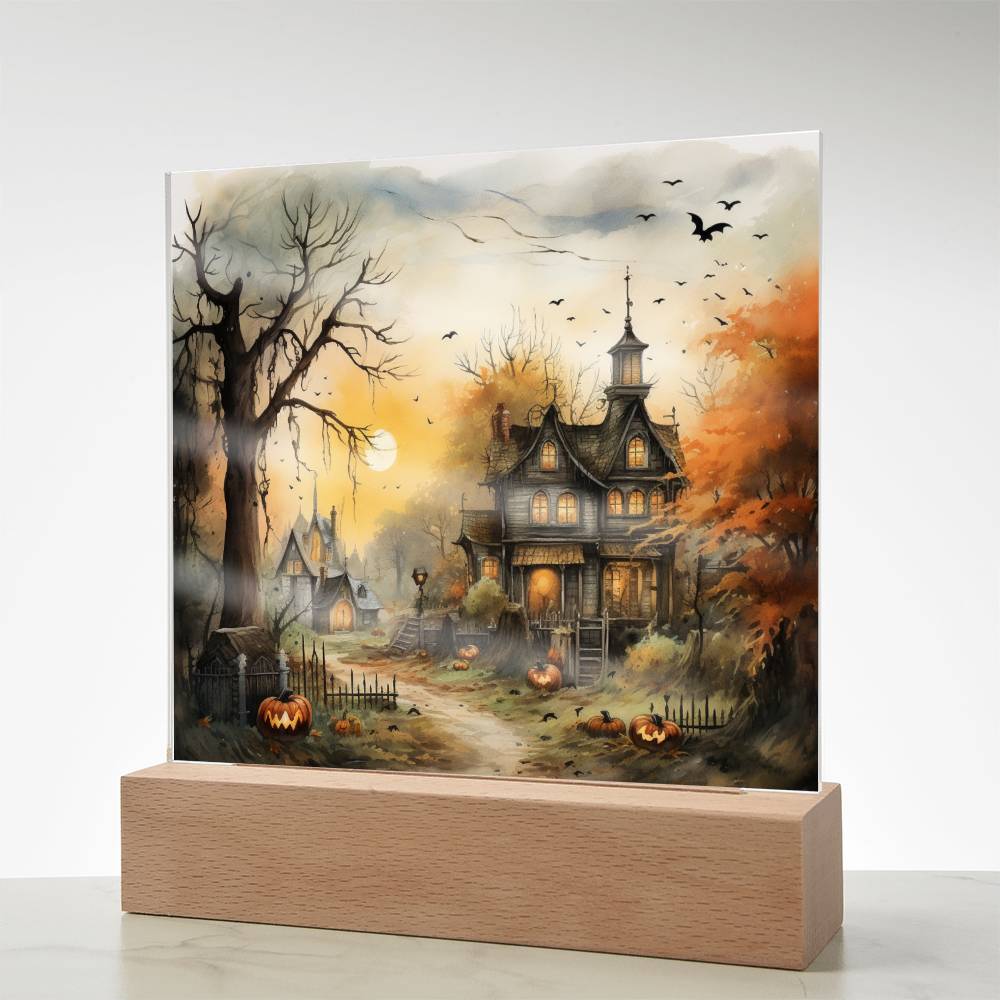 Spectral Spire: Spooky Halloween Mansion Acrylic Square Plaque with LED Lighted Wooden Base