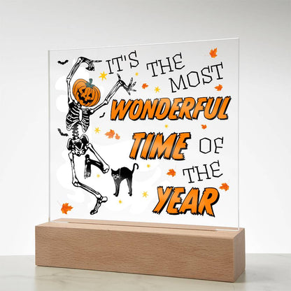 Halloween Decor - The Most Wonderful Time of the Year Acrylic Square Plaque with LED Wooden Base