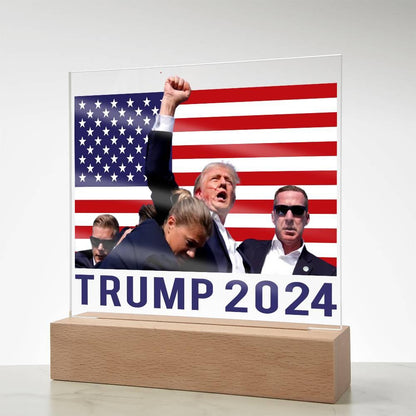 Trump 2024 Butler Rally Acrylic Plaque with LED Lighted Wooden Base