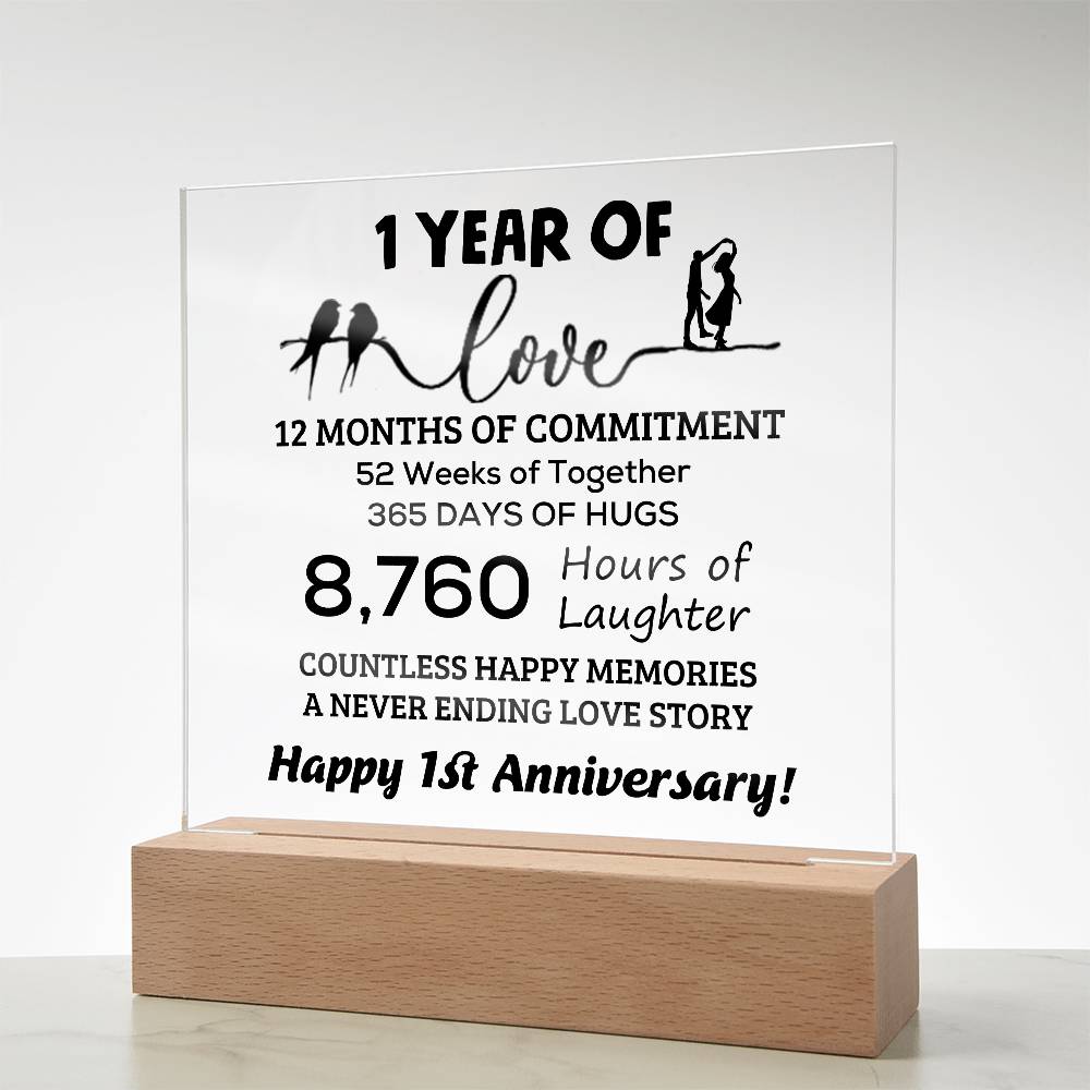 Anniversary Gift One Year of Love, Countless Happy Memories Acrylic Square Plaque with LED Wooden Base