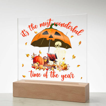 Halloween Decor - Most Wonderful Time of The Year Acrylic Square Plaque with LED Wooden Base