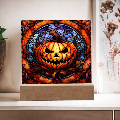 Halloween Pumpkin Stained-Glass Acrylic Square Plaque with LED Wooden Base