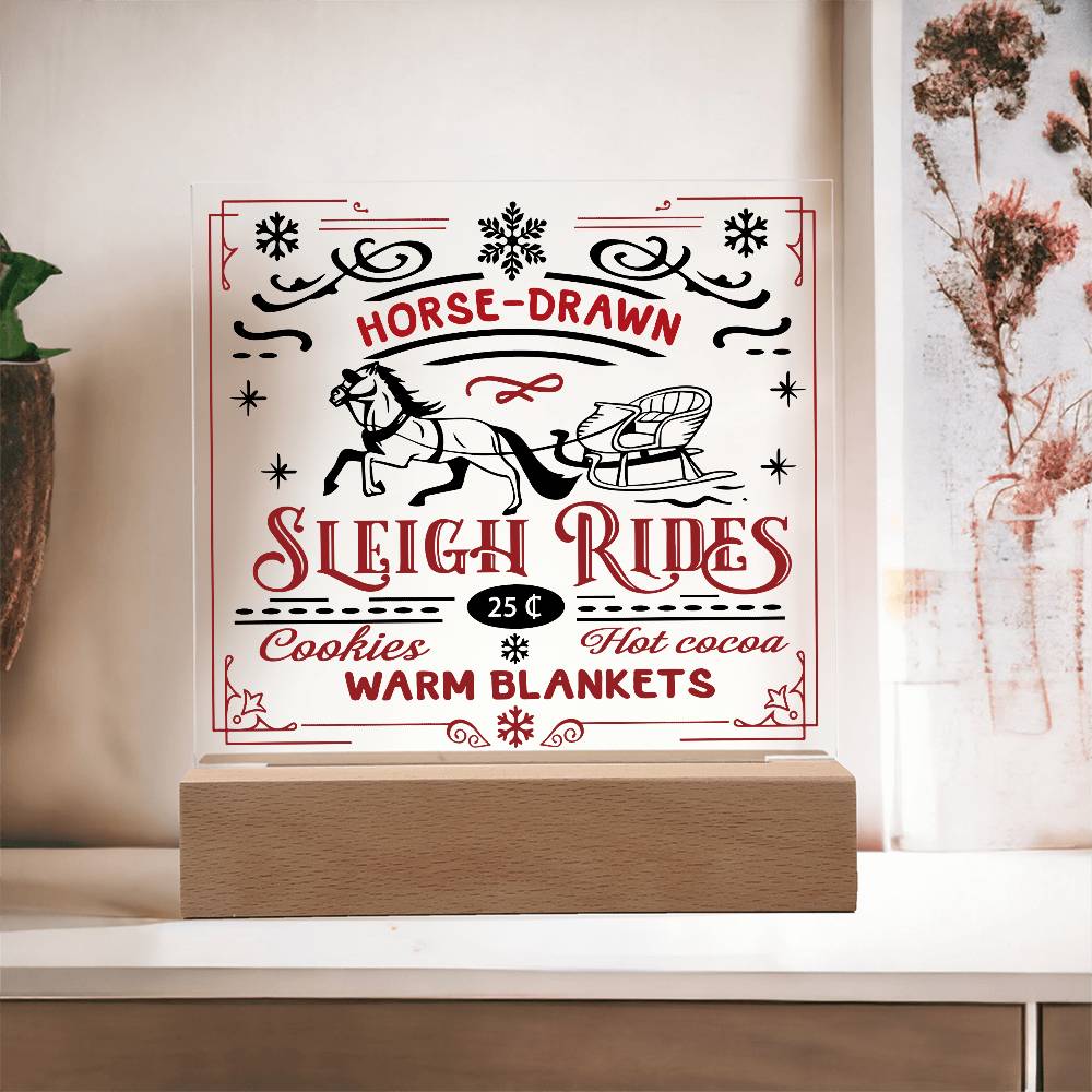 Christmas Horse Drawn Sleigh Rides Acrylic Square Plaque with LED Wooden Base